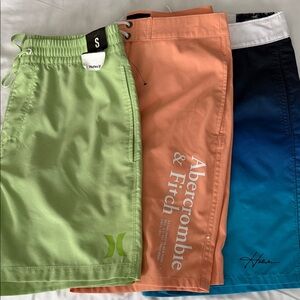 3 pairs Abercrombie, Hollister, Hurley Green, Orange, and Blue Swim Board Shorts